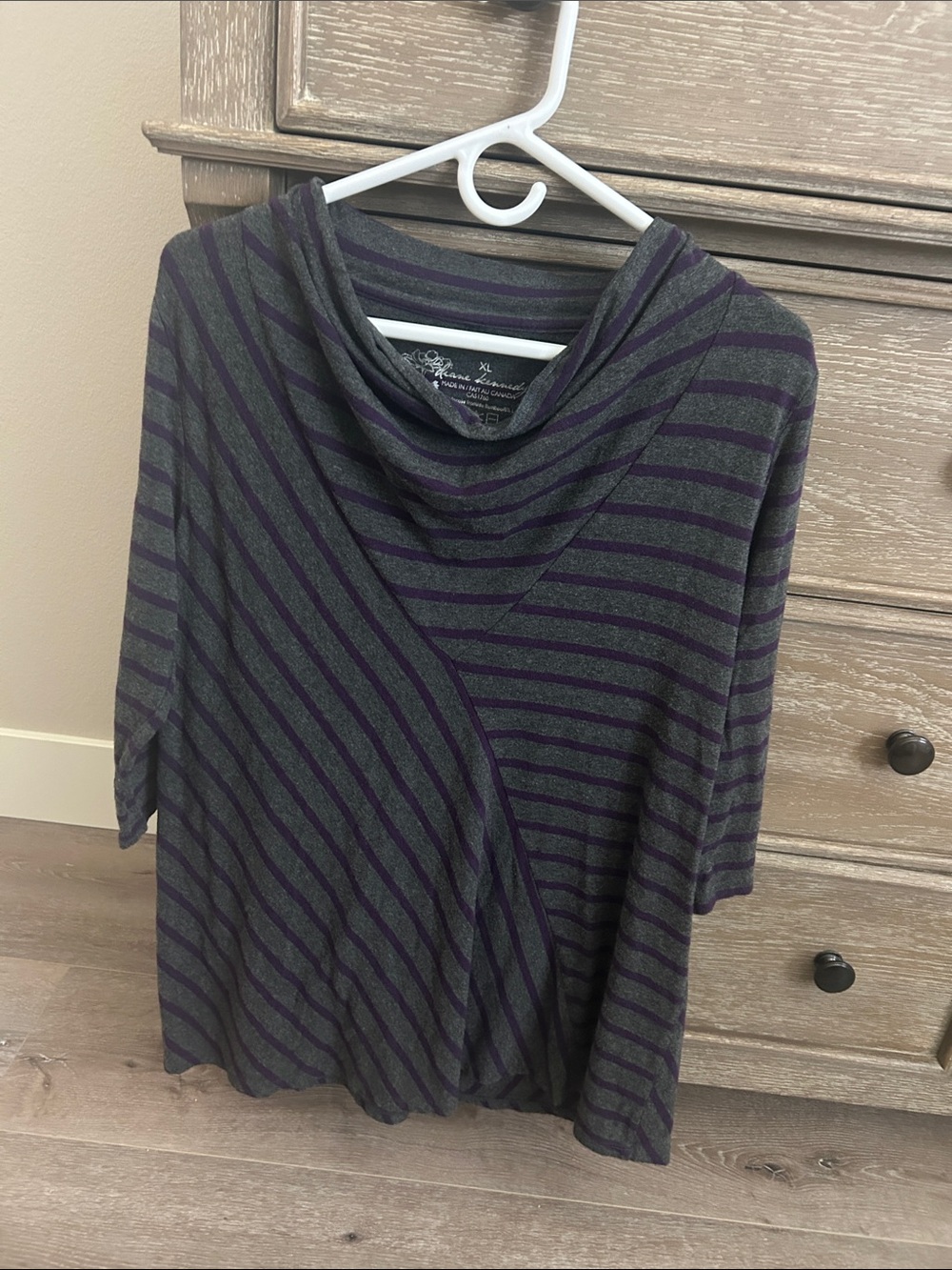 Cowl-Neck Striped Blouse in Gray and Purple